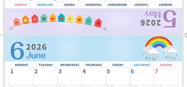 2026年の卓上カレンダー(5月・6月)は月曜始まり♪かわいい書き込みしやすい日付欄大きめのA4無料素材♪(2026-001005-0631)