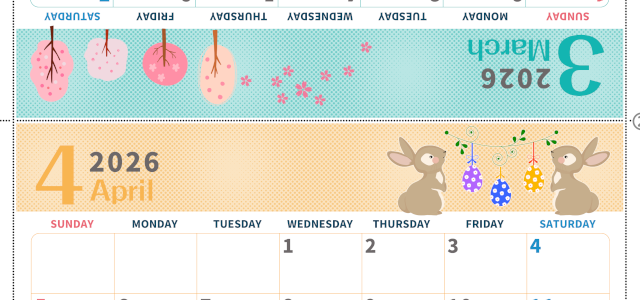 2026年の卓上カレンダー(3月・4月)は日曜始まり♪かわいい書き込みしやすい日付欄大きめのA4無料素材♪(2026-001003-0430)