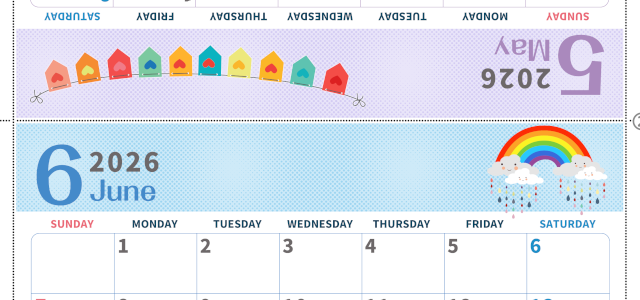 2026年の卓上カレンダー(5月・6月)は日曜始まり♪かわいい書き込みしやすい日付欄大きめのA4無料素材♪(2026-001005-0630)
