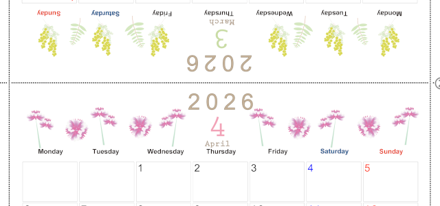2026年の卓上カレンダー(3月・4月)は月曜始まり♪おしゃれなオリジナルイラスト素材♪家族にもおすすめ♪A4／無料(2026-001103-0431)