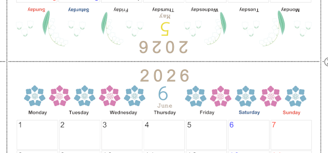 2026年の卓上カレンダー(5月・6月)は月曜始まり♪おしゃれなオリジナルイラスト素材♪家族にもおすすめ♪A4／無料(2026-001105-0631)