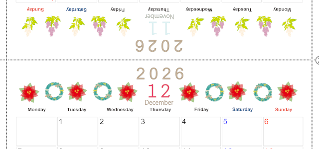 2026年の卓上カレンダー(11月・12月)は月曜始まり♪おしゃれなオリジナルイラスト素材♪家族にもおすすめ♪A4／無料(2026-001111-1231)