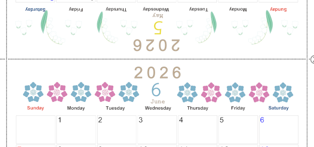 2026年の卓上カレンダー(5月・6月)は日曜始まり♪おしゃれなオリジナルイラスト素材♪家族にもおすすめ♪A4／無料(2026-001105-0630)