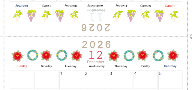 2026年の卓上カレンダー(11月・12月)は日曜始まり♪おしゃれなオリジナルイラスト素材♪家族にもおすすめ♪A4／無料(2026-001111-1230)