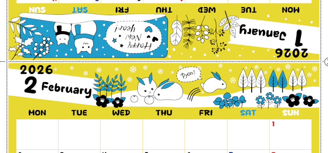 2026年の卓上カレンダー(1月・2月)は月曜始まり♪おしゃれな書き込みしやすい日付欄大きめのA4無料素材♪(2026-001201-0231)