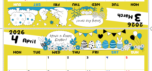 2026年の卓上カレンダー(3月・4月)は月曜始まり♪おしゃれな書き込みしやすい日付欄大きめのA4無料素材♪(2026-001203-0431)