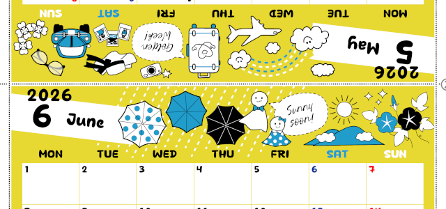 2026年の卓上カレンダー(5月・6月)は月曜始まり♪おしゃれな書き込みしやすい日付欄大きめのA4無料素材♪(2026-001205-0631)