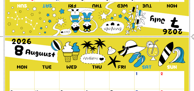 2026年の卓上カレンダー(7月・8月)は月曜始まり♪おしゃれな書き込みしやすい日付欄大きめのA4無料素材♪(2026-001207-0831)