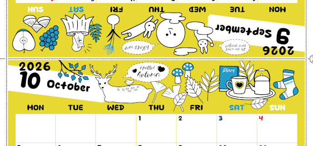 2026年の卓上カレンダー(9月・10月)は月曜始まり♪おしゃれな書き込みしやすい日付欄大きめのA4無料素材♪(2026-001209-1031)