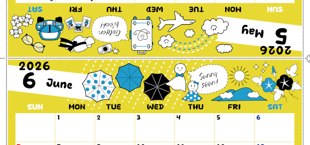 2026年の卓上カレンダー(5月・6月)は日曜始まり♪おしゃれな書き込みしやすい日付欄大きめのA4無料素材♪(2026-001205-0630)