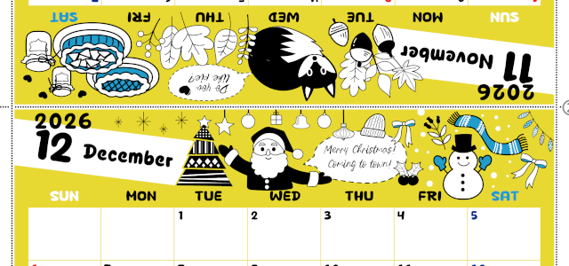 2026年の卓上カレンダー(11月・12月)は日曜始まり♪おしゃれな書き込みしやすい日付欄大きめのA4無料素材♪(2026-001211-1230)