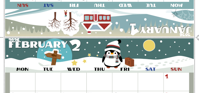 2026年の卓上カレンダー(1月・2月)は月曜始まり♪ポップな書き込みしやすい日付欄大きめのA4無料素材♪(2026-001401-0231)
