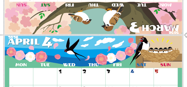 2026年の卓上カレンダー(3月・4月)は月曜始まり♪ポップな書き込みしやすい日付欄大きめのA4無料素材♪(2026-001403-0431)