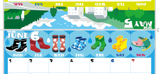 2026年の卓上カレンダー(5月・6月)は月曜始まり♪ポップな書き込みしやすい日付欄大きめのA4無料素材♪(2026-001405-0631)