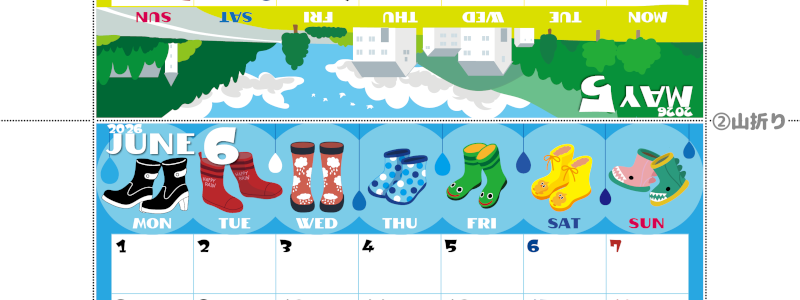 2026年の卓上カレンダー(5月・6月)は月曜始まり♪ポップな書き込みしやすい日付欄大きめのA4無料素材♪(2026-001405-0631)