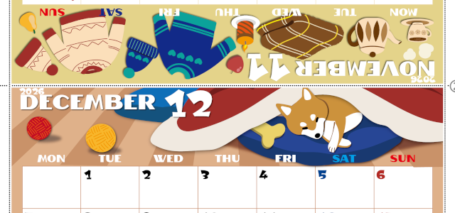 2026年の卓上カレンダー(11月・12月)は月曜始まり♪ポップな書き込みしやすい日付欄大きめのA4無料素材♪(2026-001411-1231)