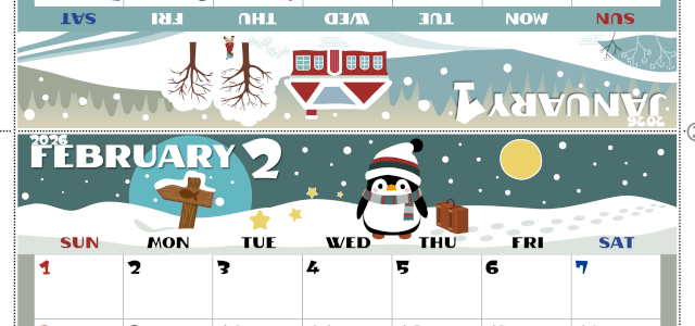 2026年の卓上カレンダー(1月・2月)は日曜始まり♪ポップな書き込みしやすい日付欄大きめのA4無料素材♪(2026-001401-0230)