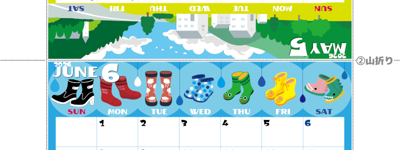 2026年の卓上カレンダー(5月・6月)は日曜始まり♪ポップな書き込みしやすい日付欄大きめのA4無料素材♪(2026-001405-0630)