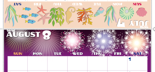 2026年の卓上カレンダー(7月・8月)は日曜始まり♪ポップな書き込みしやすい日付欄大きめのA4無料素材♪(2026-001407-0830)