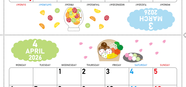 2026年の卓上カレンダー(3月・4月)は月曜始まり♪ポップな家族でも使えるオリジナルイラストつき：ダウンロード無料(2026-001603-0431)