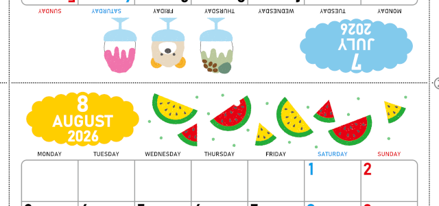 2026年の卓上カレンダー(7月・8月)は月曜始まり♪ポップな家族でも使えるオリジナルイラストつき：ダウンロード無料(2026-001607-0831)