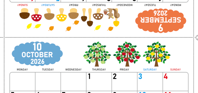 2026年の卓上カレンダー(9月・10月)は月曜始まり♪ポップな家族でも使えるオリジナルイラストつき：ダウンロード無料(2026-001609-1031)