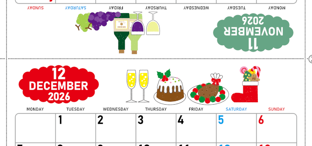 2026年の卓上カレンダー(11月・12月)は月曜始まり♪ポップな家族でも使えるオリジナルイラストつき：ダウンロード無料(2026-001611-1231)