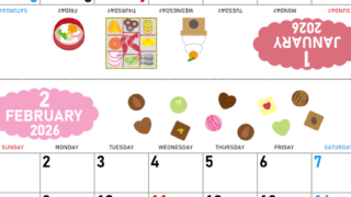 2026年の卓上カレンダー(1月・2月)は日曜始まり♪ポップな家族でも使えるオリジナルイラストつき：ダウンロード無料(2026-001601-0230)