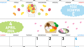2026年の卓上カレンダー(3月・4月)は日曜始まり♪ポップな家族でも使えるオリジナルイラストつき：ダウンロード無料(2026-001603-0430)