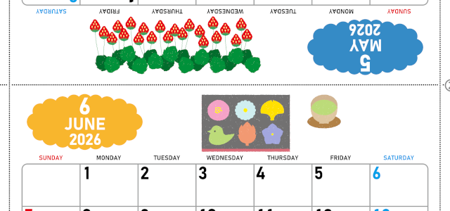 2026年の卓上カレンダー(5月・6月)は日曜始まり♪ポップな家族でも使えるオリジナルイラストつき：ダウンロード無料(2026-001605-0630)