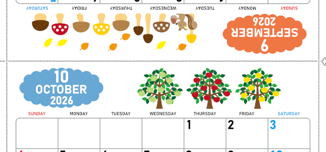 2026年の卓上カレンダー(9月・10月)は日曜始まり♪ポップな家族でも使えるオリジナルイラストつき：ダウンロード無料(2026-001609-1030)