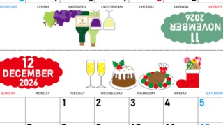 2026年の卓上カレンダー(11月・12月)は日曜始まり♪ポップな家族でも使えるオリジナルイラストつき：ダウンロード無料(2026-001611-1230)