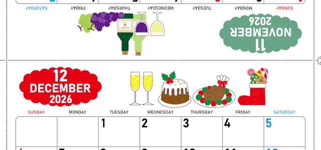 2026年の卓上カレンダー(11月・12月)は日曜始まり♪ポップな家族でも使えるオリジナルイラストつき：ダウンロード無料(2026-001611-1230)