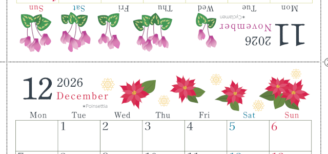 2026年の卓上カレンダー(11月・12月)は月曜始まり♪おしゃれなだけでなく使い方も簡単♪A4サイズ／プリント無料(2026-001911-1231)