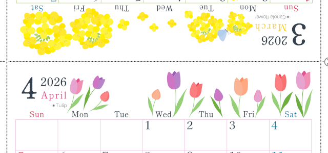 2026年の卓上カレンダー(3月・4月)は日曜始まり♪おしゃれなだけでなく使い方も簡単♪A4サイズ／プリント無料(2026-001903-0430)