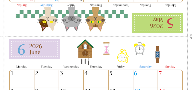 2026年の卓上カレンダー(5月・6月)は月曜始まり♪かわいい文字も大きめで見やすい♪無料でA4プリント♪(2026-002105-0631)