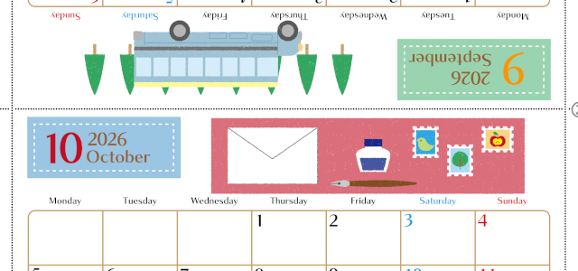 2026年の卓上カレンダー(9月・10月)は月曜始まり♪かわいい文字も大きめで見やすい♪無料でA4プリント♪(2026-002109-1031)