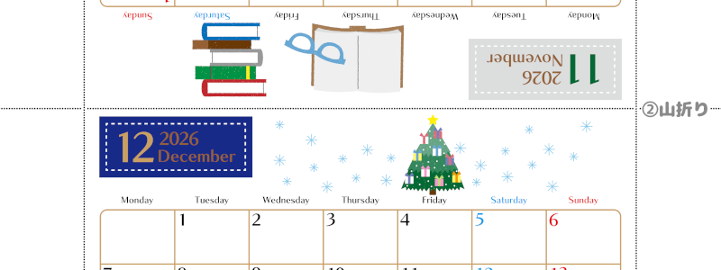 2026年の卓上カレンダー(11月・12月)は月曜始まり♪かわいい文字も大きめで見やすい♪無料でA4プリント♪(2026-002111-1231)