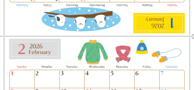 2026年の卓上カレンダー(1月・2月)は日曜始まり♪かわいい文字も大きめで見やすい♪無料でA4プリント♪(2026-002101-0230)