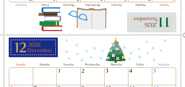 2026年の卓上カレンダー(11月・12月)は日曜始まり♪かわいい文字も大きめで見やすい♪無料でA4プリント♪(2026-002111-1230)