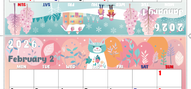 2026年の卓上カレンダー(1月・2月)は月曜始まり♪かわいいので予定の書き込みが楽しくなる♪無料／A4サイズ(2026-002201-0231)