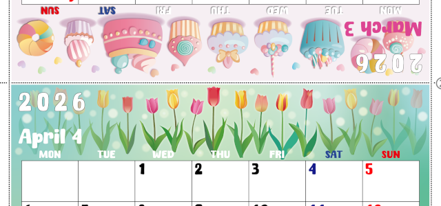 2026年の卓上カレンダー(3月・4月)は月曜始まり♪かわいいので予定の書き込みが楽しくなる♪無料／A4サイズ(2026-002203-0431)