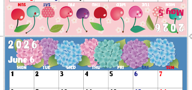 2026年の卓上カレンダー(5月・6月)は月曜始まり♪かわいいので予定の書き込みが楽しくなる♪無料／A4サイズ(2026-002205-0631)