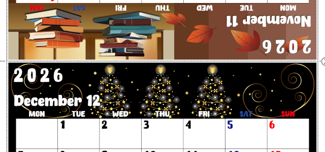 2026年の卓上カレンダー(11月・12月)は月曜始まり♪かわいいので予定の書き込みが楽しくなる♪無料／A4サイズ(2026-002211-1231)