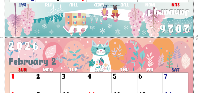2026年の卓上カレンダー(1月・2月)は日曜始まり♪かわいいので予定の書き込みが楽しくなる♪無料／A4サイズ(2026-002201-0230)