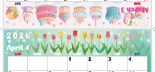 2026年の卓上カレンダー(3月・4月)は日曜始まり♪かわいいので予定の書き込みが楽しくなる♪無料／A4サイズ(2026-002203-0430)