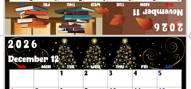 2026年の卓上カレンダー(11月・12月)は日曜始まり♪かわいいので予定の書き込みが楽しくなる♪無料／A4サイズ(2026-002211-1230)