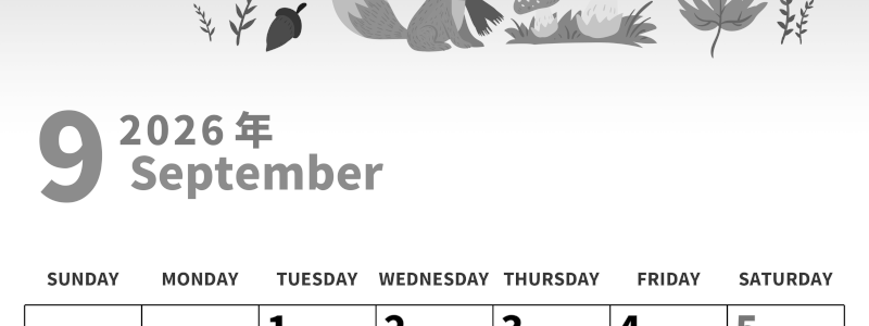 2026年9月縦型モノクロの日曜始まり キツネのイラストがかわいいA4無料白黒のカレンダー(2026-00270910)