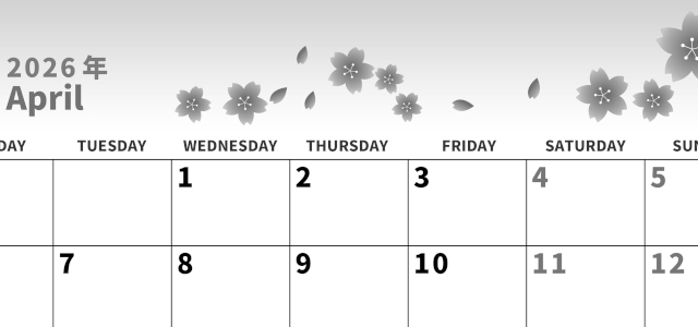 2026年4月横型モノクロの月曜始まり 満開桜イラストのかわいいA4無料白黒のカレンダー(2026-00270401)