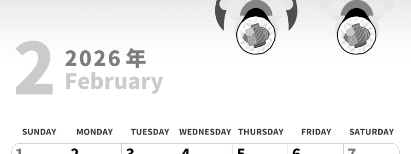 2026年2月縦型モノクロの日曜始まり 恵方巻きイラストのかわいいA4無料白黒カレンダー(2026-00280210)